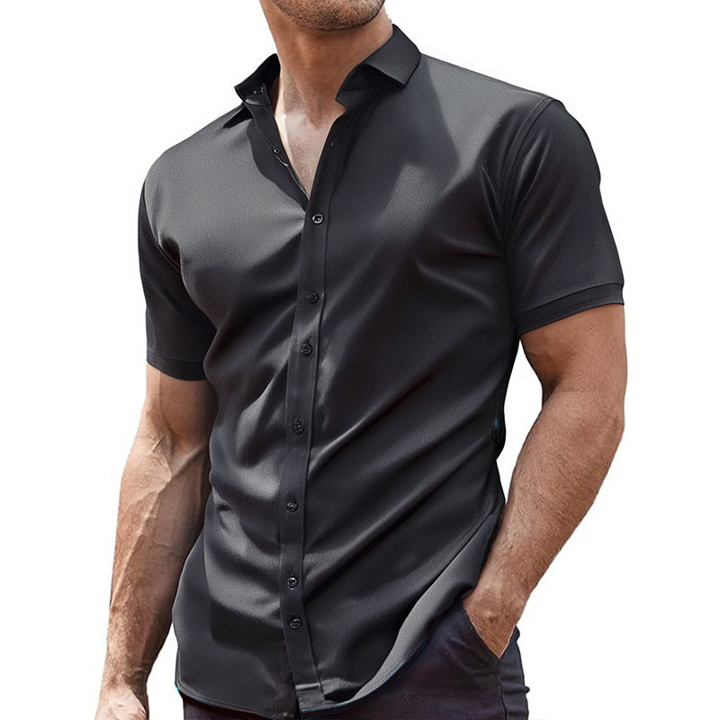 Cross-Border Popular Four-Way Stretch Men's Short-Sleeved Shirt Plus Size Men's Muscular Men's Anti-Wrinkle Solid Color Short-Sleeved Shirt