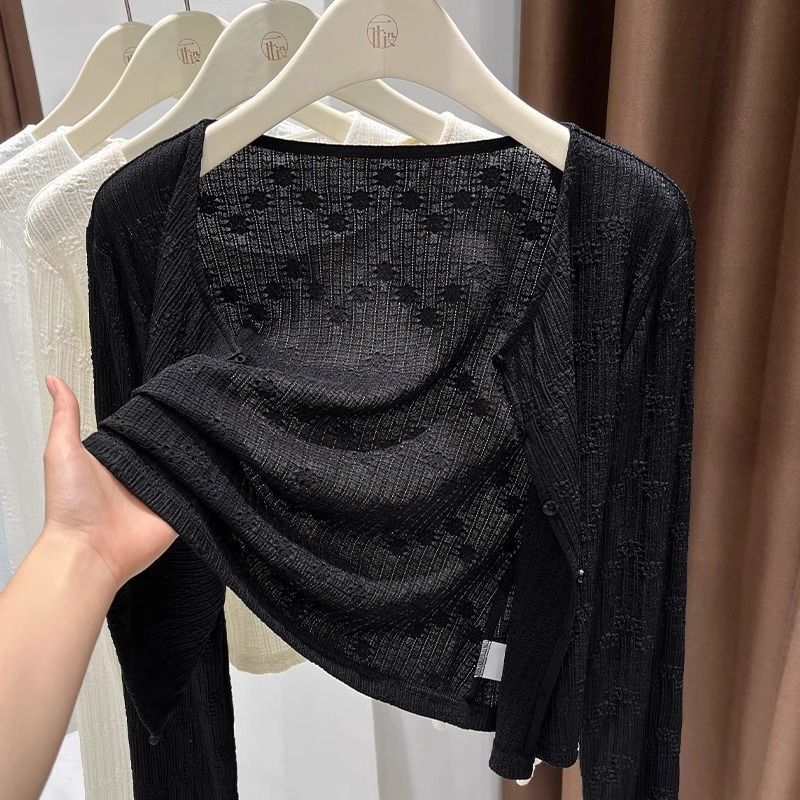 プラスサイズのアイスシルクスーパーフェアリーショール日焼け防止服女性のためのファットmm夏中空アウターサスペンダースカート付き空調ブラウス|undefined