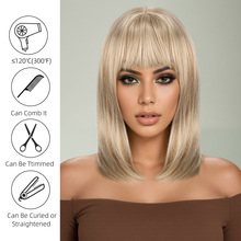 亚马逊跨境新品欧美假发女齐刘海金色短发中长发化纤非洲假发头套