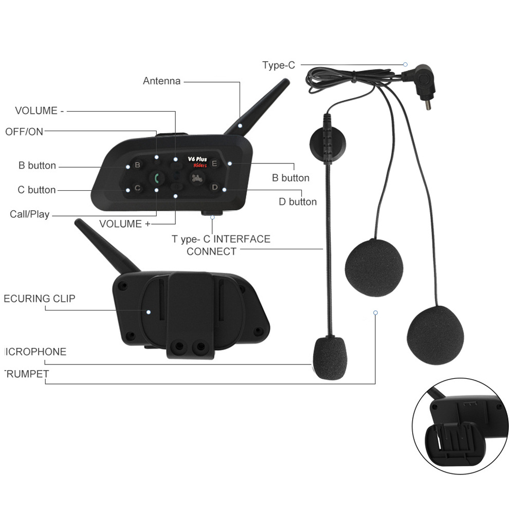 Neutral V6Plus Helmet Bluetooth Headset Motorcycle Helmet Intercom Headset Cycling Headset Noise Reduction Waterproof Cross-Border