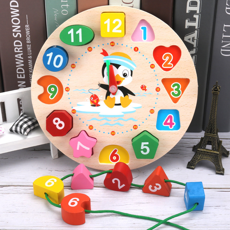 Reloj de Madera con Números de Dibujos Animados, Reloj de Bloques de Construcción de Mano con Forma de Reloj, Juguete Educativo para la Primera Infancia