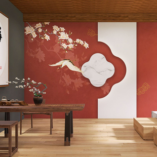 中式故宫红花鸟墙纸中国风国潮餐厅火锅店包厢墙布茶室背景墙壁纸-阿里巴巴