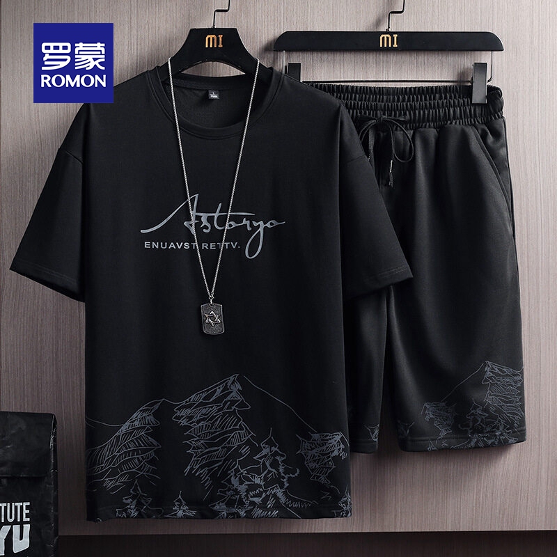 羅蒙カジュアルスーツメンズ夏薄いアイスシルク半袖Tシャツショートパンツスポーツトレンドハンサムマッチングセット|undefined