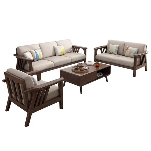 Nordic solid wood sofa set, modern minimalist Chinese-style princess corner sofa for small living rooms, three-seater living room furniture
