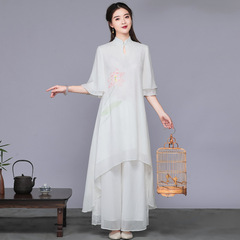 中国風唐装セット茶服文芸復古シフォンワンピース