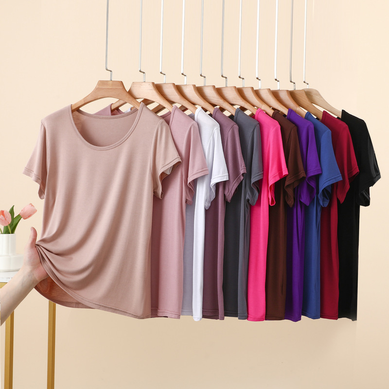 Modal Round Neck Short-Sleeved Bottoming Shirt, Summer Solid Color Basic Large Size T-Shirt, Casual Simple Thin Top for Women Modal Round Neck Short-Sleeved Bottoming Shirt, Summer Solid Color Basic Large Size T-Shirt, Casual Simple Thin Top for Women