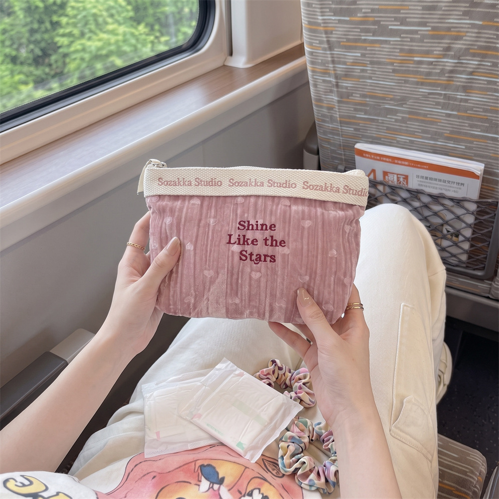 58152 New Simple and High-Looking Velvet Cosmetic Bag Embroidered Cosmetic Cosmetics Bag Travel Toiletry Bag