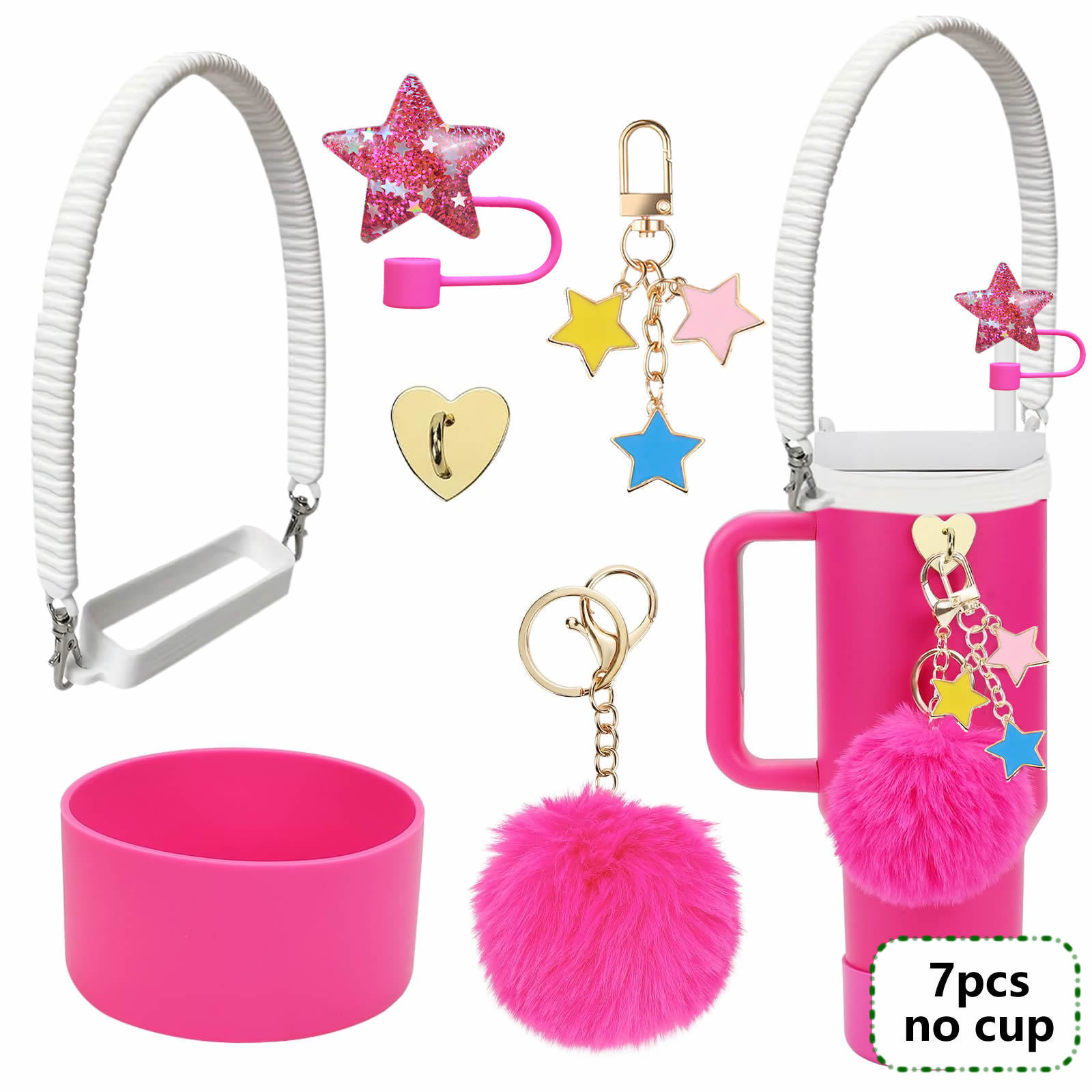 7pcs taza Stanley cuerda de mano colgante de silicona flor tapa de pajita bola de felpa colgante de copa cadena de taza de color