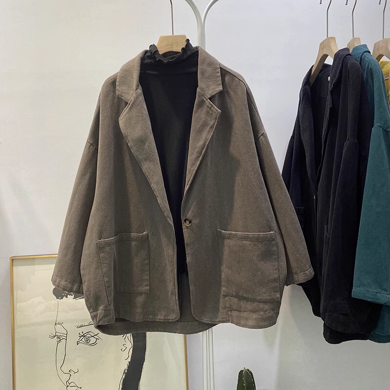 Hot Selling Spring & Fall Retro Twill Cotton Jacket Women's Long-Sleeved Loose Small Suit with V Neck Top Jacket Hot Selling Spring & Fall Retro Twill Cotton Jacket Women's Long-Sleeved Loose Small Suit with V Neck Top Jacket