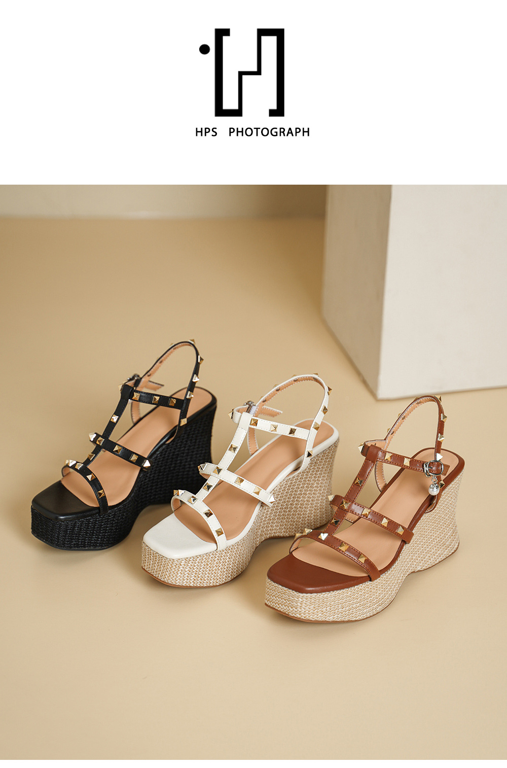 Sandal nữ đế xuồng cao gót phong cách Bohemian, mũi hở, quai đinh tán, đế bánh mì dày — màu nâu, màu đen, màu trắng ngà chi tiết 11