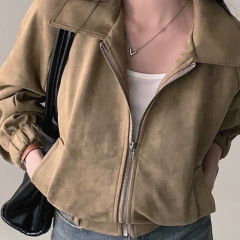 韩系chic美式复古外套女秋冬新款宽松显瘦短款翻领开衫拉链上衣服