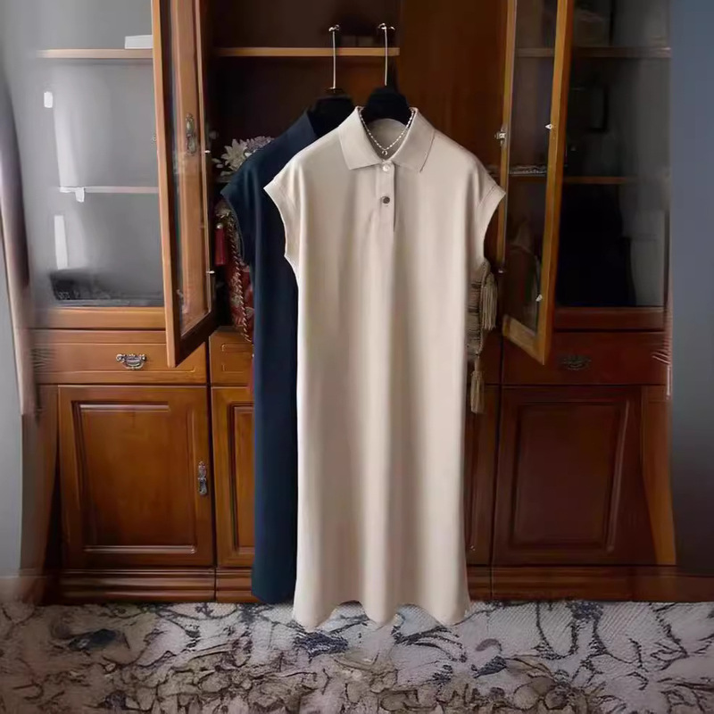 Ready Stock for Simple Slimming Look and Easy to Wear_Simple and Fashionable Polo Collar Shoulder Straight T-Shirt Dress Summer and Autum New Style