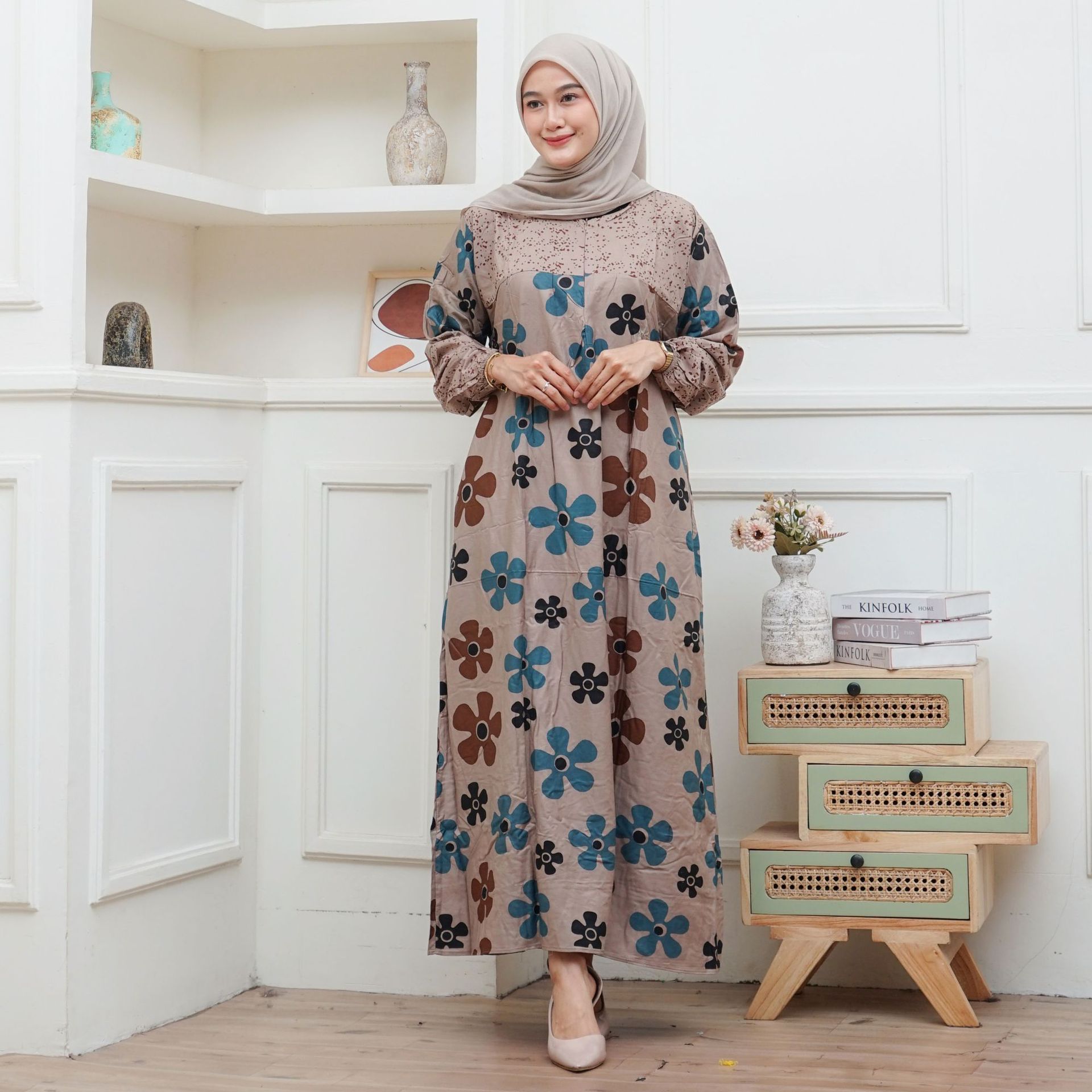 Bohemian Floral Maxi Dress – Loose Fit Long Sleeve With Ethnic Print (S-5XL, Polyester Blend, Round Neck)