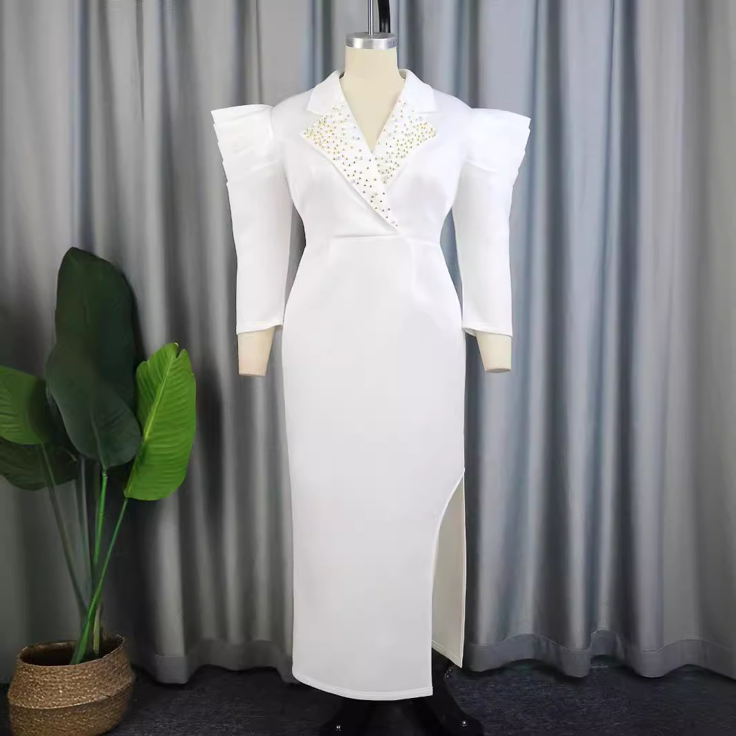 Vêtements pour femmes Robe perlée grande taille Robe à épaulettes à col de costume_voghion.com
