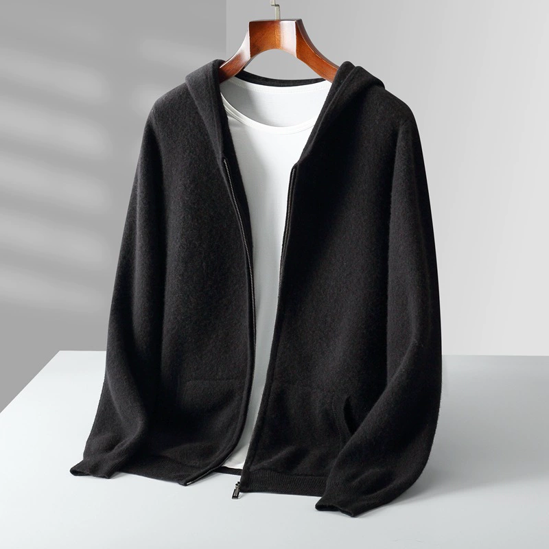 Demi-season hoody, cardigan, woolen jacket, knitted sweater with zipper