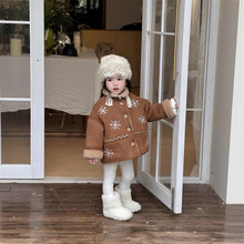 韩版儿童圣诞鹿皮大衣冬季新款重工雪花刺绣保暖加厚皮毛一体外套