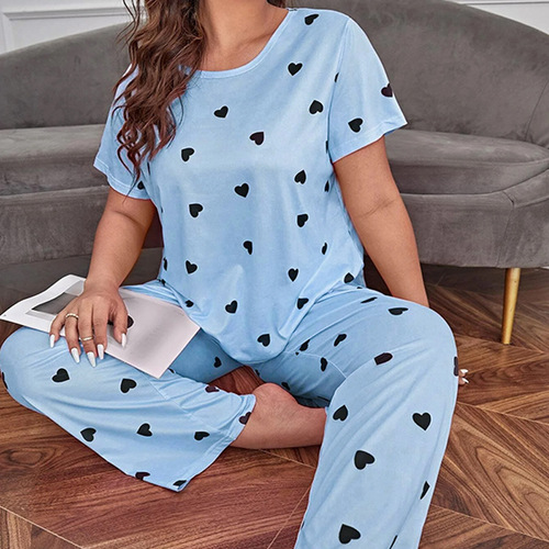 Elegant Oversized European and American Style Women's Sleepwear Loose Short-Sleeve Heart-Printed Long Pants Set Homecoming Pajamas