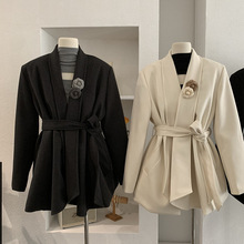 欧玛莱 气质翻领中长款毛呢外套女收腰显瘦系带无扣夹棉上衣 5565