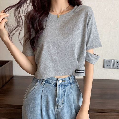 New trendy design women's summer T-shirt with Korean style, fashionable and niche short sleeve high-waisted crop top with relaxed fit.