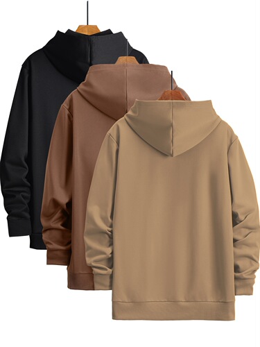 3-piece men's spring and autumn long-sleeved pocket hooded sports shirt, stylish casual sports outdoor top, pure color