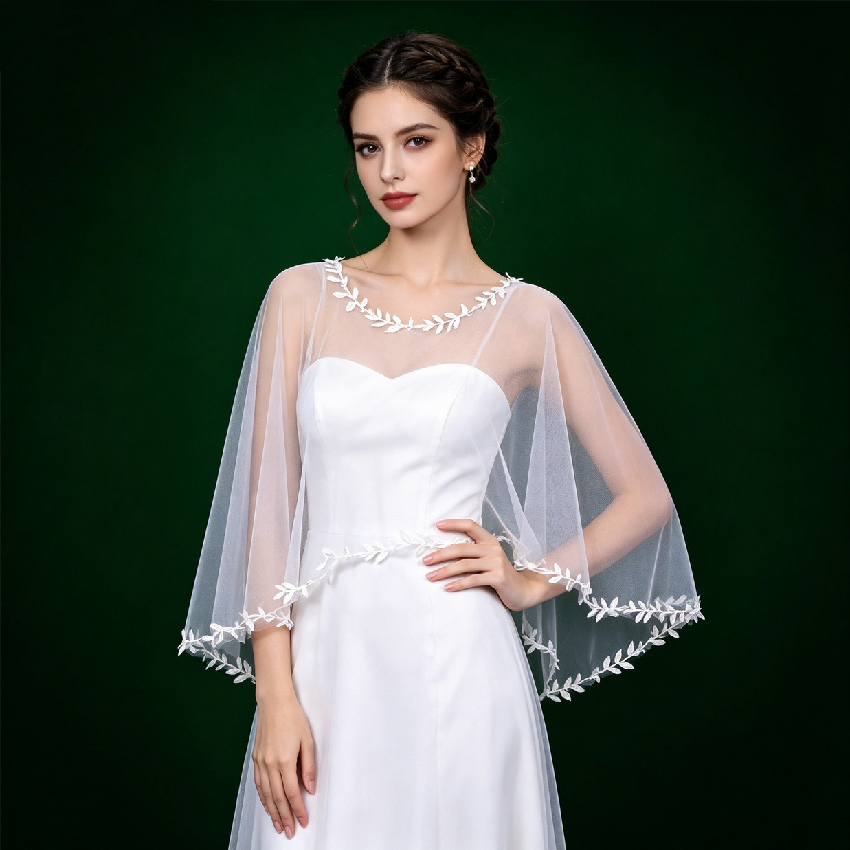 European and American Wedding Bridal Veil, White Pullover Lace Mesh Shawl Cape, Short Round-Neck Wedding Dress Overlay