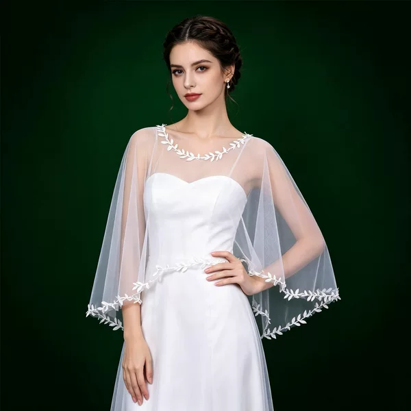 European and American Wedding Bridal Veil, White Pullover Lace Mesh Shawl Cape, Short Round-Neck Wedding Dress Overlay