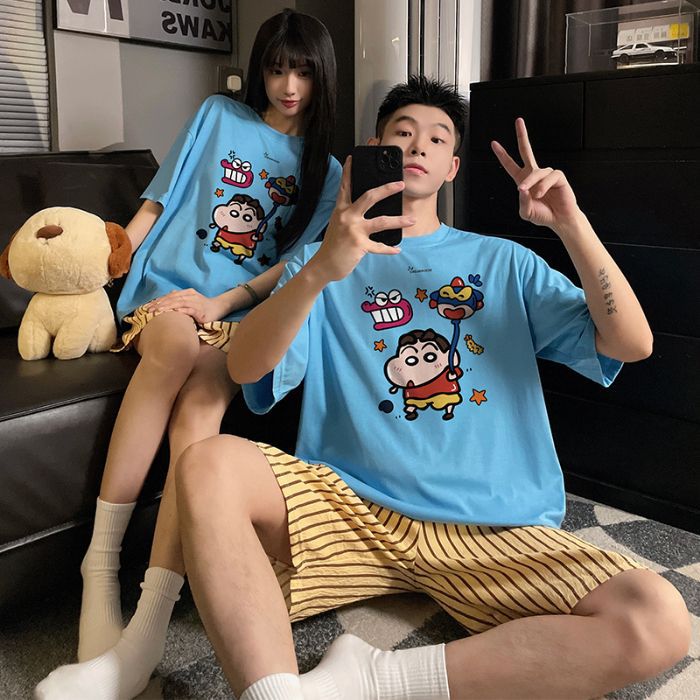 여성을위한 제조 업체 도매 잠옷 2025 새로운 커플 인쇄 만화 귀여운 반팔 반바지는 집 밖에서 착용할 수 있습니다