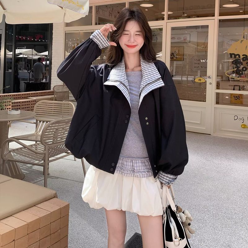 美式跨境复古格纹拼接假两件棒球服外套女春季高级感宽松工装夹克|undefined