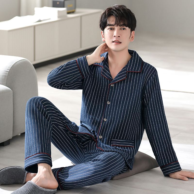 Pijamas de algodón puro para hombres de primavera y otoño engrosado de manga larga para hombres de otoño e invierno ropa de hogar de invierno para hombres acolchada fina
