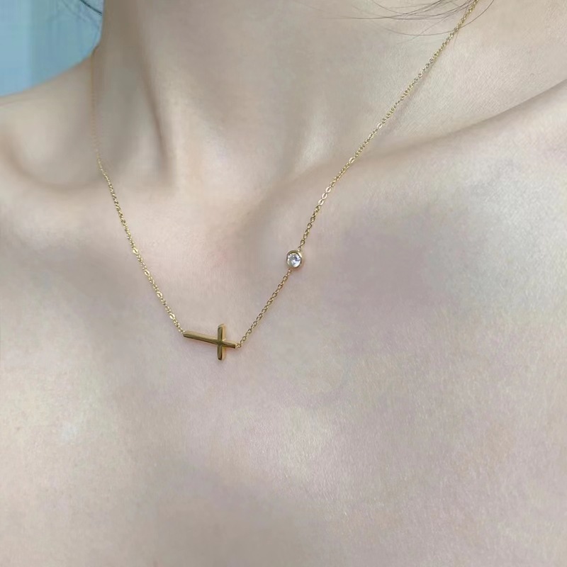 304 Stainless Steel Chain Material 304 Stainless Steel Zircon Cross Cable Chain Pendant Necklace
