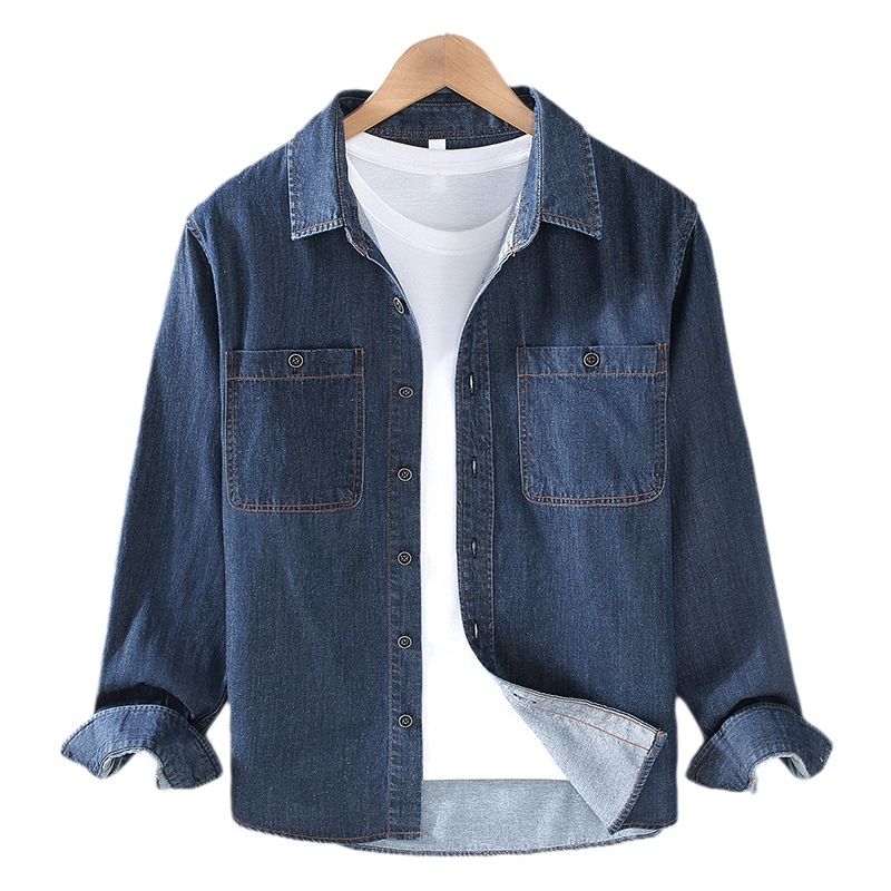 Denim shirt, men's long sleeved spring and autumn styles, Hong Kong style, Japanese style retro work shirt, casual coat, men's_voghion.com