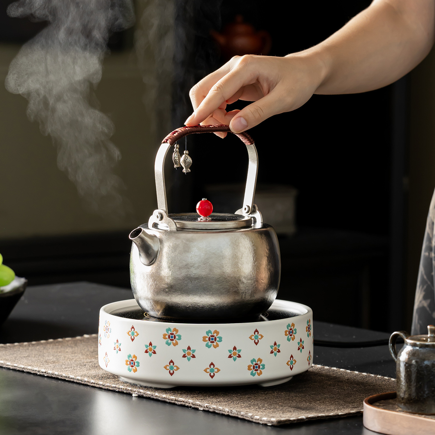 Retro Ceramic Electric Ceramic Stove White Treasure Flower Electric Ceramic Stove Heating Stove Titanium Water Kettle Tea Set Household Tea Set