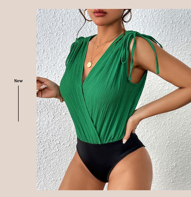 Effen kleur V-hals gesplitste alles-in-één bodysuits voor woon-werkverkeer met veters_voghion.com