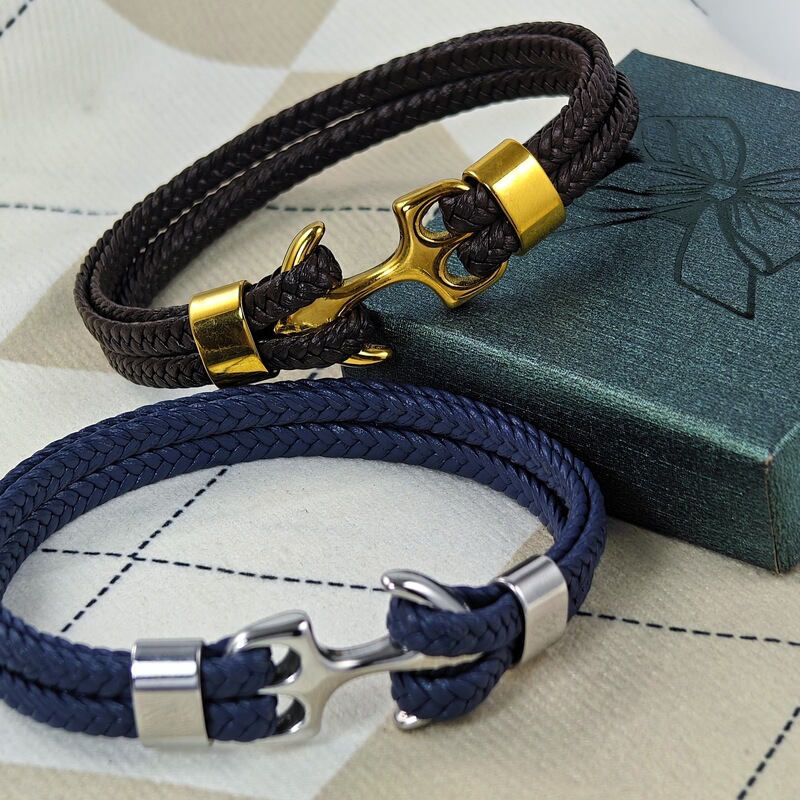 European and American Cross-Border Men's Stainless Steel Bracelet with Cowhide Woven Anchor Genuine Leather Bracelet Leather Cord Manufacturer Trendy Hot Item