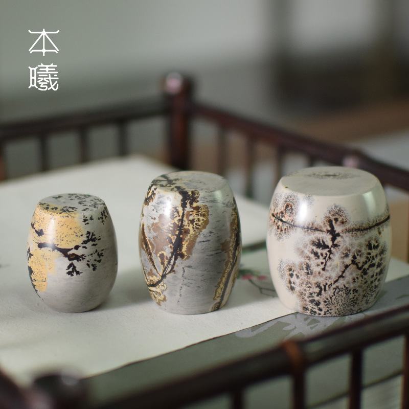 天然国画石盖置壶盖托中国风禅意功夫茶具配件茶道零配茶碗盖碗托|ms