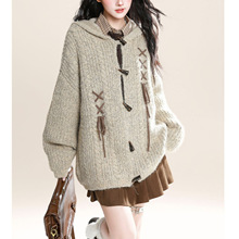 旧世纪物语复古兔耳朵连帽针织毛衣女秋冬宽松牛角扣开衫外套