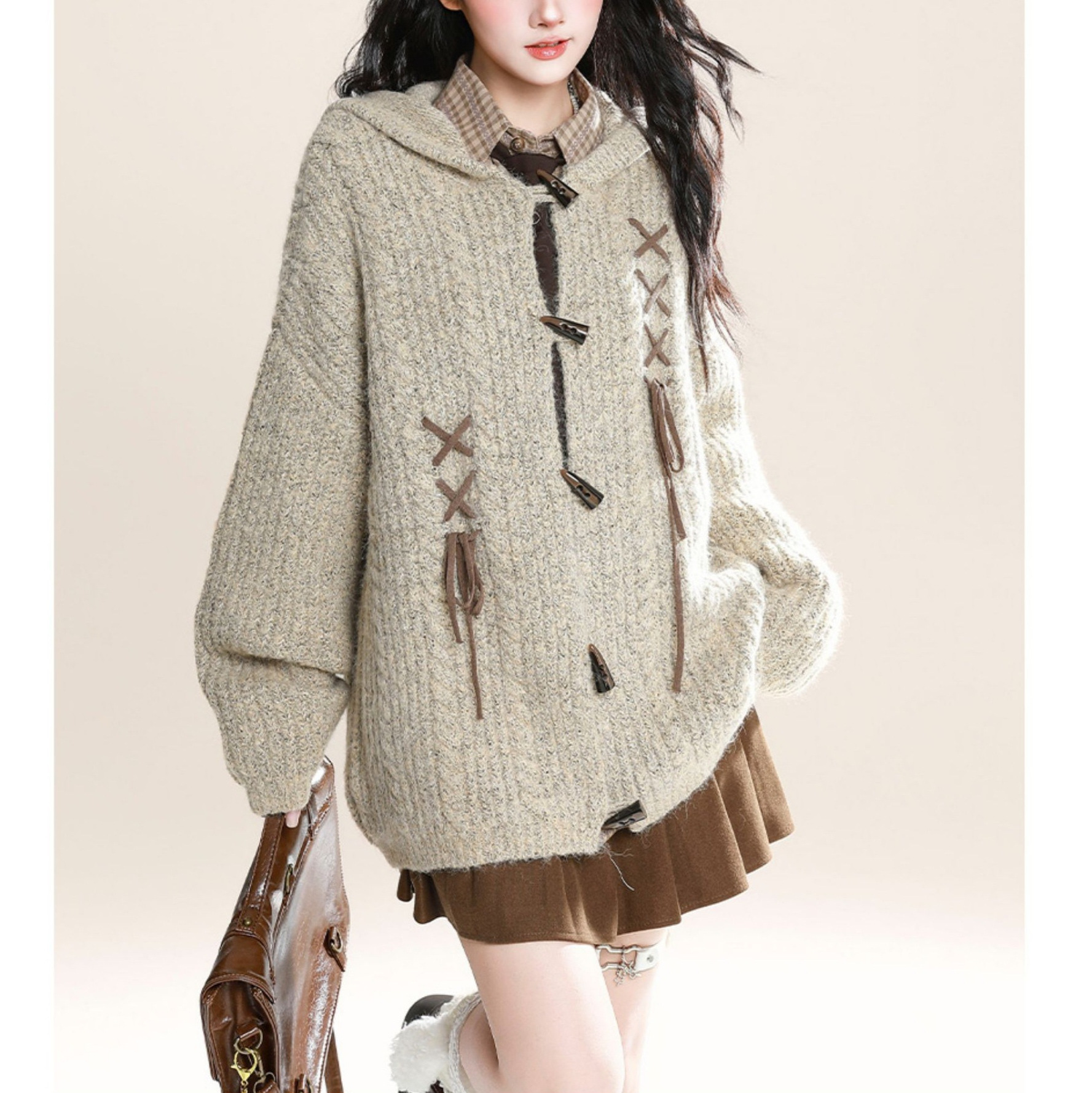 旧世纪物语复古兔耳朵连帽针织毛衣女秋冬宽松牛角扣开衫外套