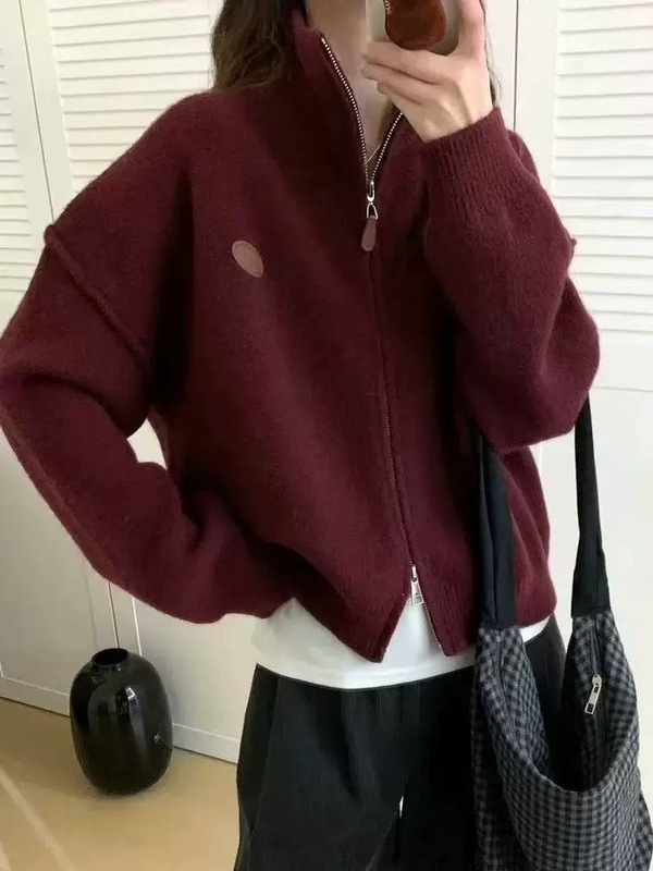 慵懒风立领双拉链针织开衫女秋冬新款宽松百搭短款高级感毛衣外套|undefined