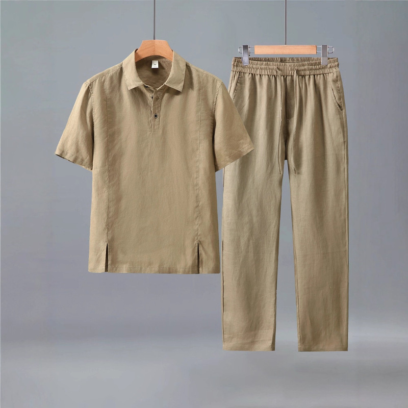 Long and Short Pants Suit New Chinese Style Linen Shirt Men's Summer New Short-Sleeved Loose Thin Solid Color Lapel Shirt