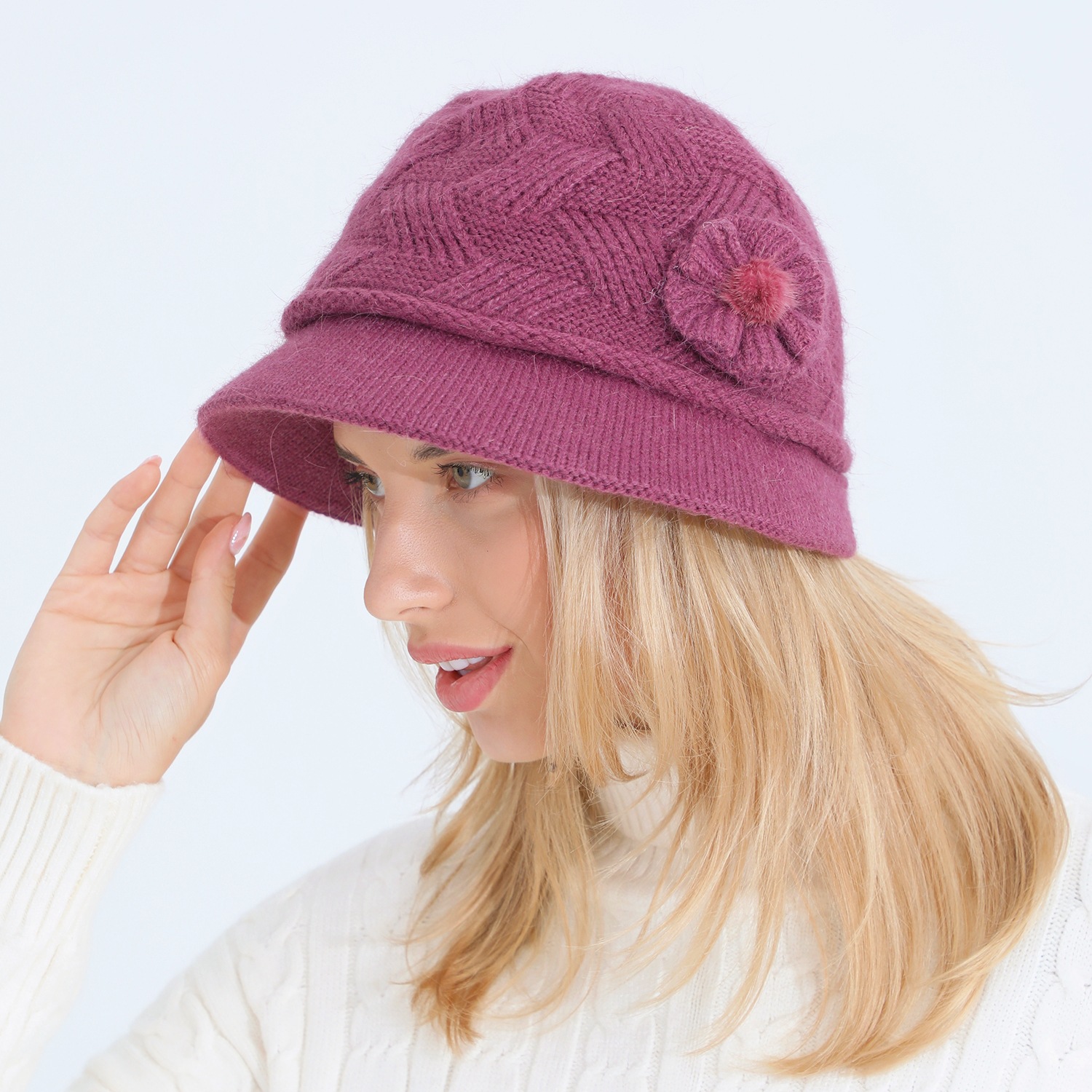 Gestrickte Damen Mütze Mit Kaninchenhaar Warm Für Den Winter_voghion.com