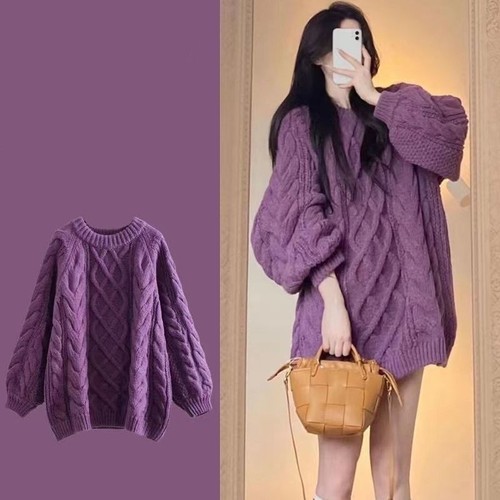 Korean women's round neck twist sweater spring, autumn and winter purple wear sweet sweater women's lazy style top
