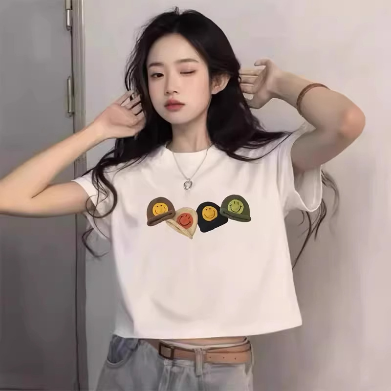 High-Waisted Short Right-Shoulder T-Shirt for Women, Summer Short-Sleeved New Hot Style Loose Cotton Sexy Smiley Hat Top Trendy