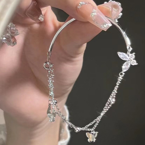 Half Bracelet Butterfly Charm Bracelet with Shattered Sparkle Butterfly Double Chain, Cool Fairy Bracelet, Xiaohongshu Style
