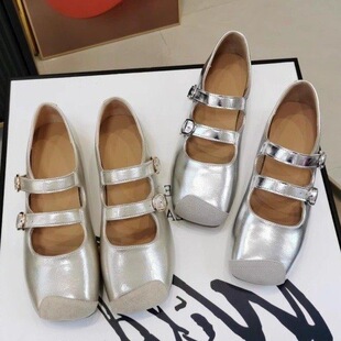 Retro Spliced ​​Square-Toe Mary Jane Shoes 2025 Spring and Summer New Korean Style Double-Breasted Flats-Soled Low-Heeled Pumps