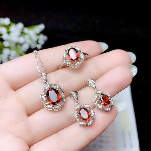 Imitation natural garnet women's stone jewelry set simple and fashionable women's style high-end ring pendant earrings