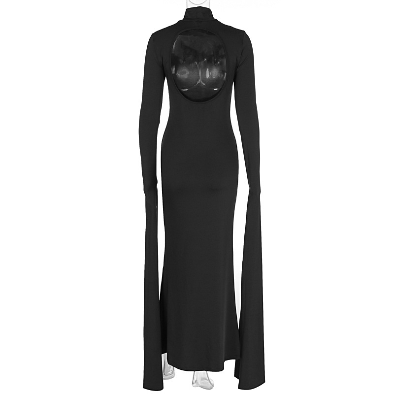 Women Clothing Autumn Personality Slim Fit Sexy Backless Half High Collar Long Sleeves Dress