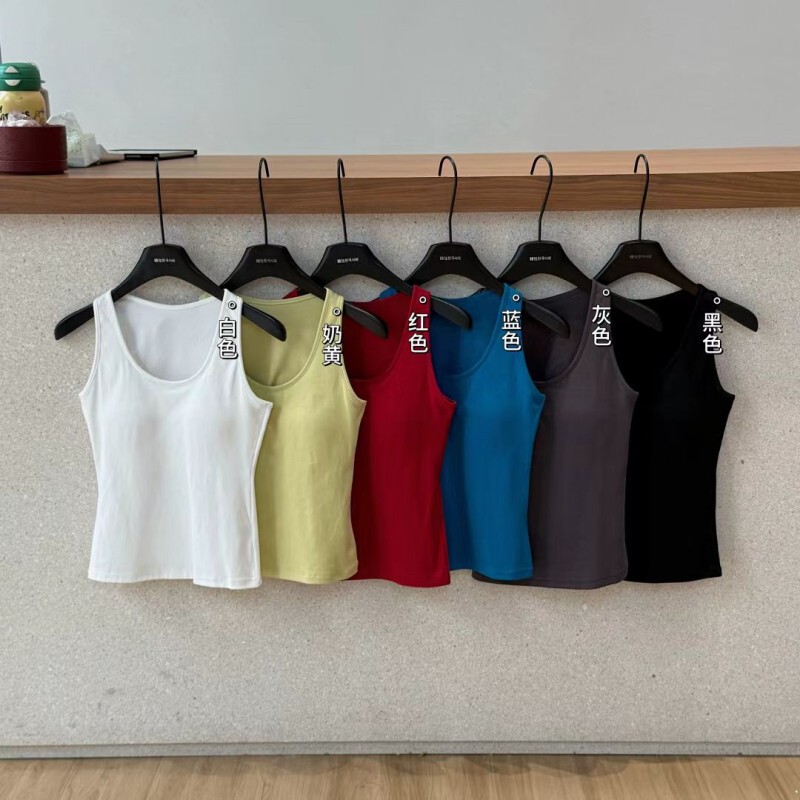 6653 # Korean Basic Style Pure Cotton Versatile One-Piece Cup Vest for Women, Comfortable Solid Color Inner Wear with Beautiful Back Design for Spring and Summer