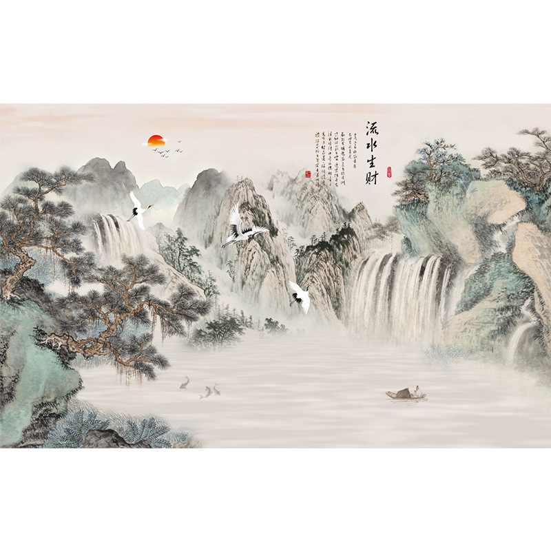 电视背景墙壁画新中式山水画流水生财壁布3D立体壁纸客厅影视墙布|undefined