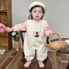 女宝宝萌连体衣秋冬装婴儿衣服加绒加厚毛毛背带裤爬服两件套装