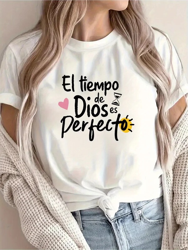 Women's Inspirational Spanish Quote T-Shirt "God's Time Is Perfect" Short Sleeve Round Neck Casual Top Women's Inspirational Spanish Quote T-Shirt "God's Time Is Perfect" Short Sleeve Round Neck Casual Top